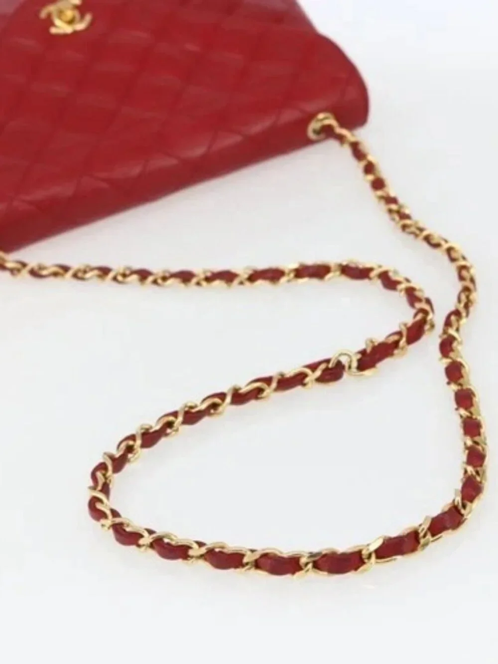 CHANEL Matelasse Chain Shoulder Bag Lamb Skin Gold Red CC Auth 162544